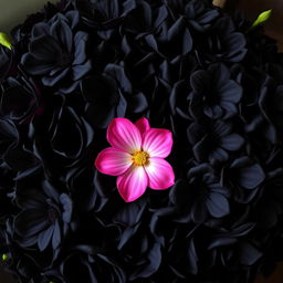 A stunning floral arrangement featuring a single pink flower prominently placed in the center, surrounded by a variety of black flowers