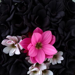 A stunning floral arrangement featuring a single pink flower prominently placed in the center, surrounded by a variety of black flowers