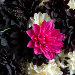 A stunning floral arrangement featuring a single pink flower prominently placed in the center, surrounded by a variety of black flowers