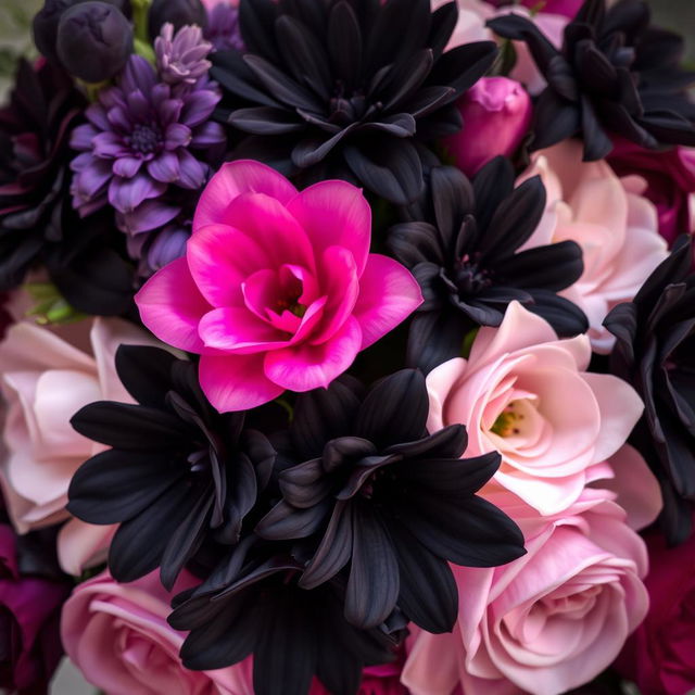 A stunning floral arrangement featuring a single pink flower prominently placed in the center, surrounded by a variety of black flowers