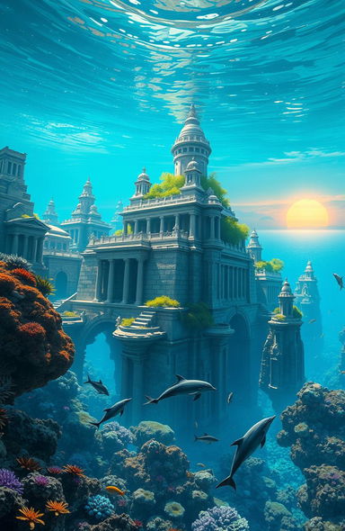 A visually stunning and imaginative representation of the mythical city of Atlantis, showcasing grand architecture with majestic temples and towering structures submerged partially in a vibrant blue ocean