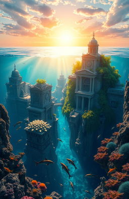 A visually stunning and imaginative representation of the mythical city of Atlantis, showcasing grand architecture with majestic temples and towering structures submerged partially in a vibrant blue ocean