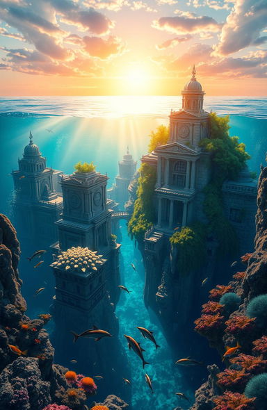 A visually stunning and imaginative representation of the mythical city of Atlantis, showcasing grand architecture with majestic temples and towering structures submerged partially in a vibrant blue ocean