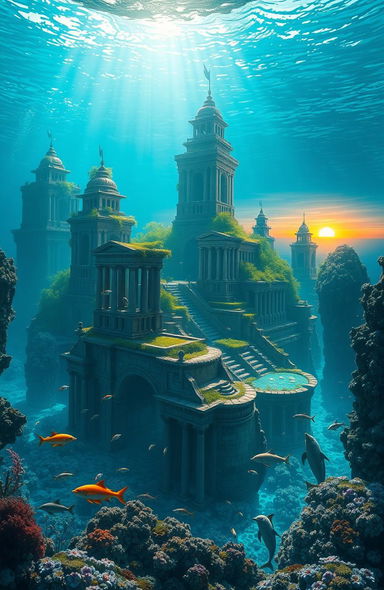 A visually stunning and imaginative representation of the mythical city of Atlantis, showcasing grand architecture with majestic temples and towering structures submerged partially in a vibrant blue ocean