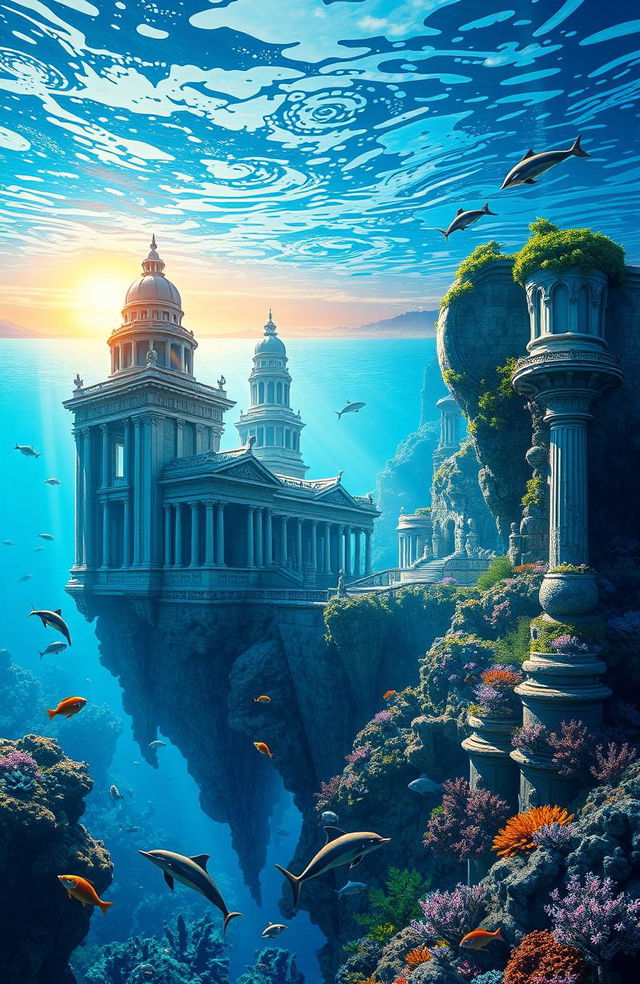 A visually stunning and imaginative representation of the mythical city of Atlantis, showcasing grand architecture with majestic temples and towering structures submerged partially in a vibrant blue ocean