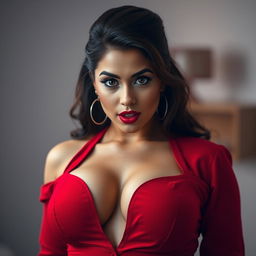 A beautiful 25-year-old woman, confidently facing the camera with a surprised and alluring expression