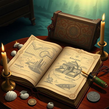 An artistic interpretation of an ancient journal from the Atlantis Project, featuring ornate, weathered pages filled with intricate hand-drawn illustrations of Atlantis, including maps of the city, architectural sketches of temples, and diagrams of advanced technologies