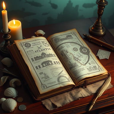 An artistic interpretation of an ancient journal from the Atlantis Project, featuring ornate, weathered pages filled with intricate hand-drawn illustrations of Atlantis, including maps of the city, architectural sketches of temples, and diagrams of advanced technologies