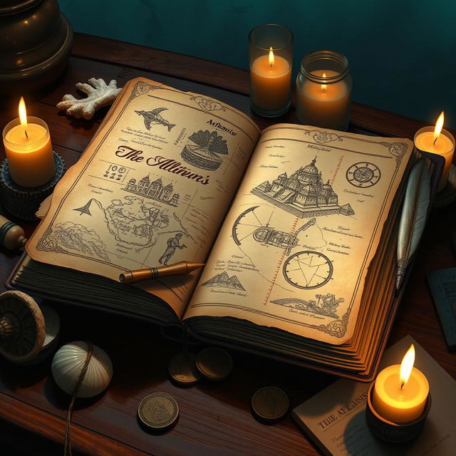 An artistic interpretation of an ancient journal from the Atlantis Project, featuring ornate, weathered pages filled with intricate hand-drawn illustrations of Atlantis, including maps of the city, architectural sketches of temples, and diagrams of advanced technologies