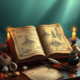 An artistic interpretation of an ancient journal from the Atlantis Project, featuring ornate, weathered pages filled with intricate hand-drawn illustrations of Atlantis, including maps of the city, architectural sketches of temples, and diagrams of advanced technologies