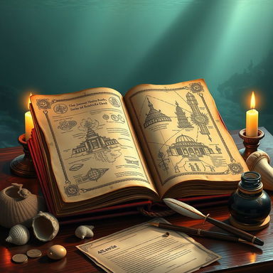 An artistic interpretation of an ancient journal from the Atlantis Project, featuring ornate, weathered pages filled with intricate hand-drawn illustrations of Atlantis, including maps of the city, architectural sketches of temples, and diagrams of advanced technologies