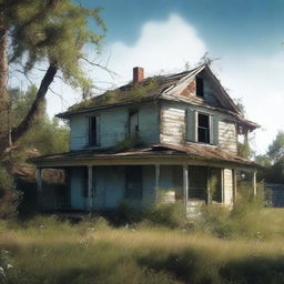 A high-quality digital art piece showcasing a derelict house