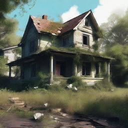 A high-quality digital art piece showcasing a derelict house