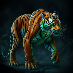 A stunning, ferocious creature that combines the sleek and powerful body of a tiger with the slimy, vivid characteristics of venom