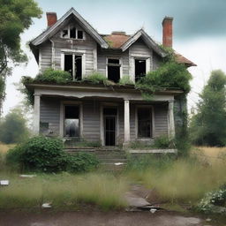 A high-quality digital art piece showcasing a derelict house