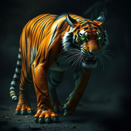 A stunning, ferocious creature that combines the sleek and powerful body of a tiger with the slimy, vivid characteristics of venom