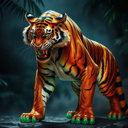 A stunning, ferocious creature that combines the sleek and powerful body of a tiger with the slimy, vivid characteristics of venom