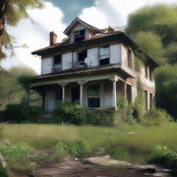 A high-quality digital art piece showcasing a derelict house