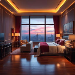 A stunning, high-quality image featuring a luxurious five-star hotel room with elegant furnishings