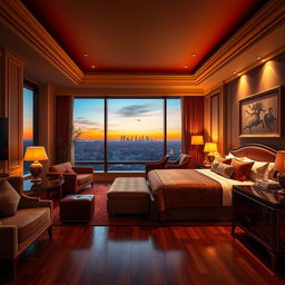A stunning, high-quality image featuring a luxurious five-star hotel room with elegant furnishings
