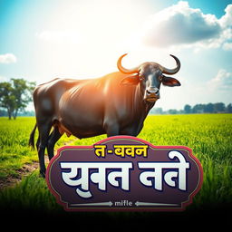 A serene farm landscape featuring a majestic buffalo in the background, standing gracefully by a lush green field