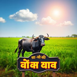 A serene farm landscape featuring a majestic buffalo in the background, standing gracefully by a lush green field