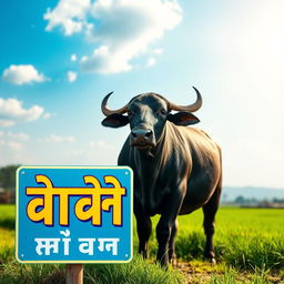 A serene farm landscape featuring a majestic buffalo in the background, standing gracefully by a lush green field
