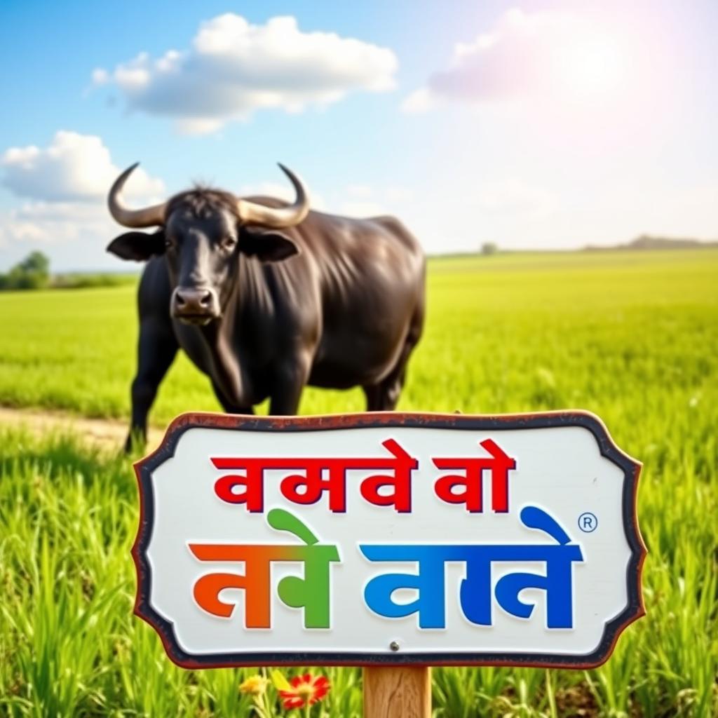 A serene farm landscape featuring a majestic buffalo in the background, standing gracefully by a lush green field