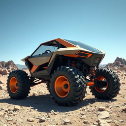 A futuristic, angular off-road vehicle designed for intense terrain, featuring oversized all-terrain tires for superior grip and traction