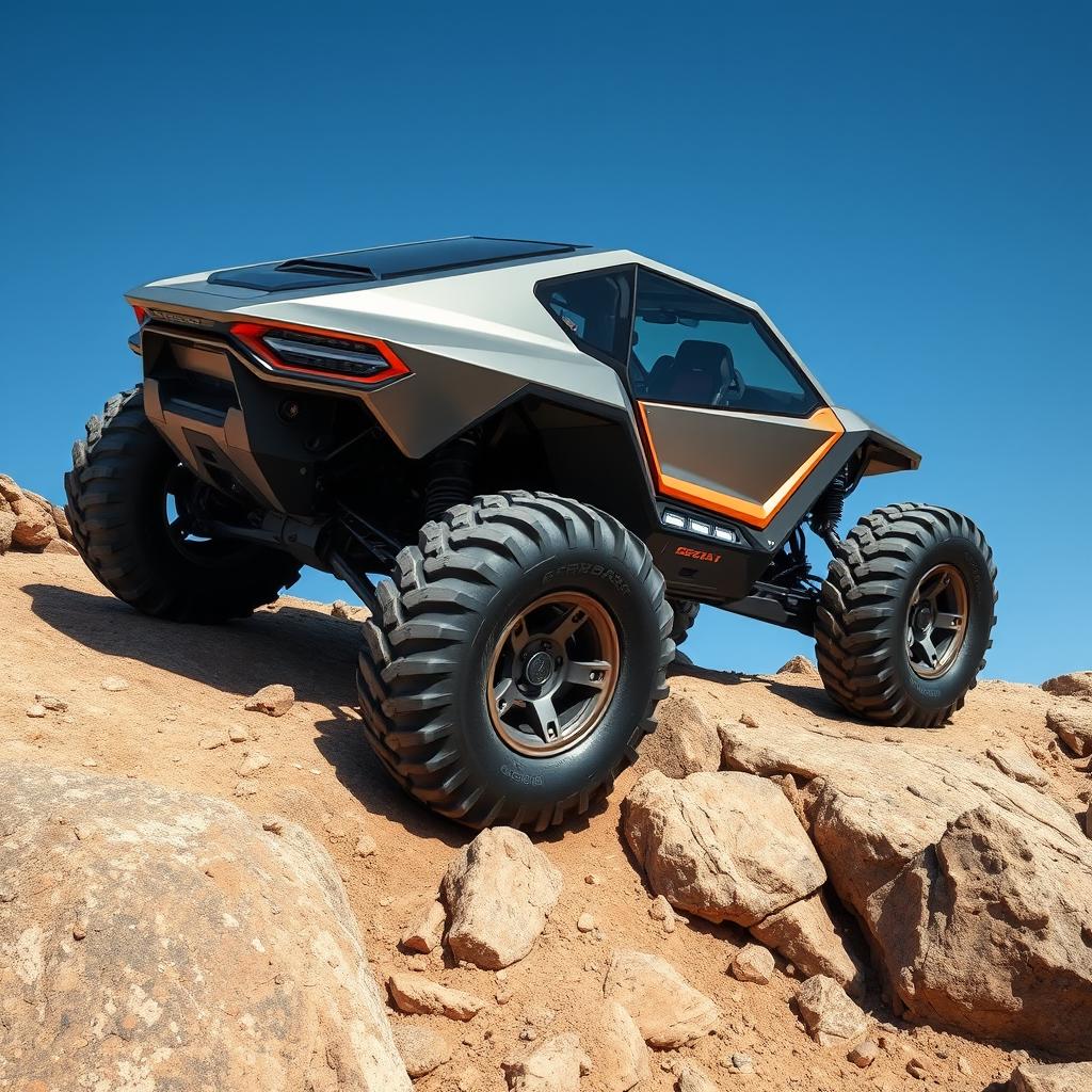 A futuristic, angular off-road vehicle designed for intense terrain, featuring oversized all-terrain tires for superior grip and traction