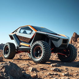 A futuristic, angular off-road vehicle designed for intense terrain, featuring oversized all-terrain tires for superior grip and traction