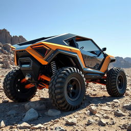 A futuristic, angular off-road vehicle designed for intense terrain, featuring oversized all-terrain tires for superior grip and traction