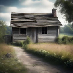 A high-quality digital art image depicting a derelict cottage