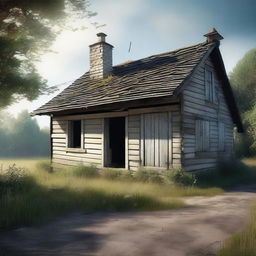 A high-quality digital art image depicting a derelict cottage