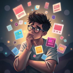 A character deep in thought, surrounded by floating, colorful pieces of digital interfaces representing various UI/UX design challenges