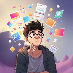 A character deep in thought, surrounded by floating, colorful pieces of digital interfaces representing various UI/UX design challenges