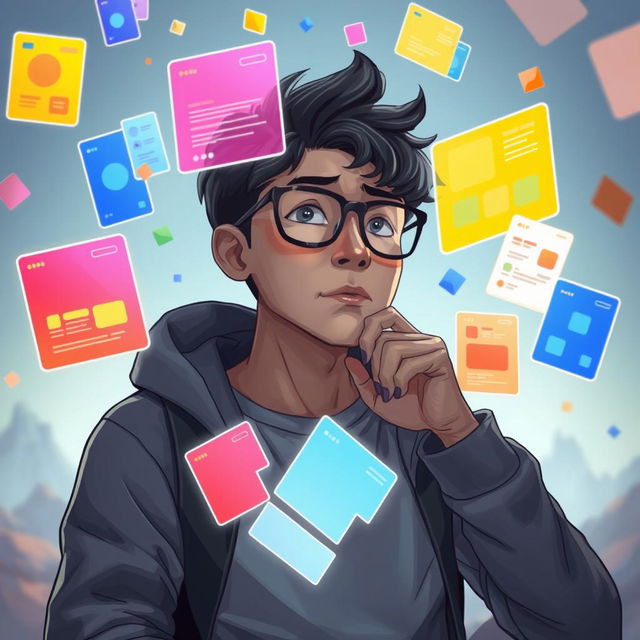 A character deep in thought, surrounded by floating, colorful pieces of digital interfaces representing various UI/UX design challenges