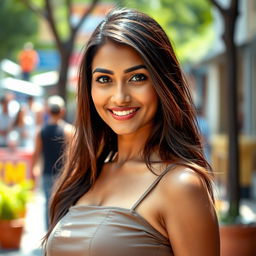 A full body portrait of a beautiful Indian woman with a fair complexion, bright grey eyes, and long brown hair cascading down her shoulders