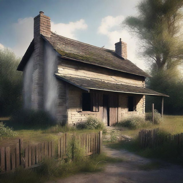 A high-quality digital art image depicting a derelict cottage