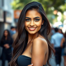 A full body portrait of a beautiful Indian woman with a fair complexion, bright grey eyes, and long brown hair cascading down her shoulders