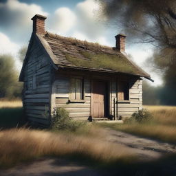 A high-quality digital art image depicting a derelict cottage