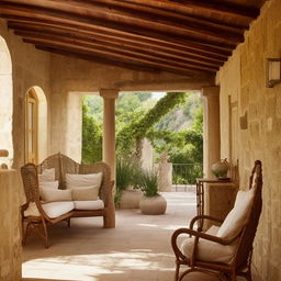 A picturesque veranda situated between two rooms, each with unique architectural characteristics and decorations.