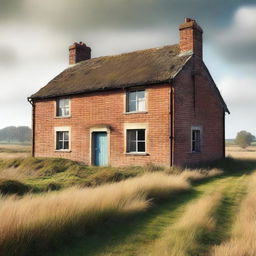 This is a high-quality digital art image featuring a derelict two-storey English brick cottage with shutters