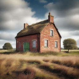 This is a high-quality digital art image featuring a derelict two-storey English brick cottage with shutters