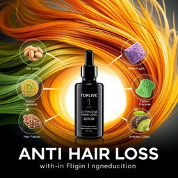 A dynamic and visually striking advertisement for an anti-hair loss product, featuring a cutting-edge serum bottle prominently displayed in the center