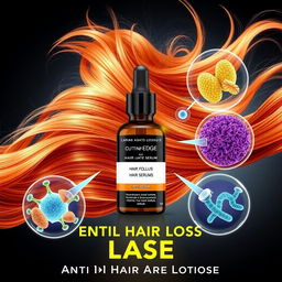 A dynamic and visually striking advertisement for an anti-hair loss product, featuring a cutting-edge serum bottle prominently displayed in the center