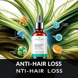 A dynamic and visually striking advertisement for an anti-hair loss product, featuring a cutting-edge serum bottle prominently displayed in the center