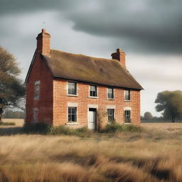 This is a high-quality digital art image featuring a derelict two-storey English brick cottage with shutters