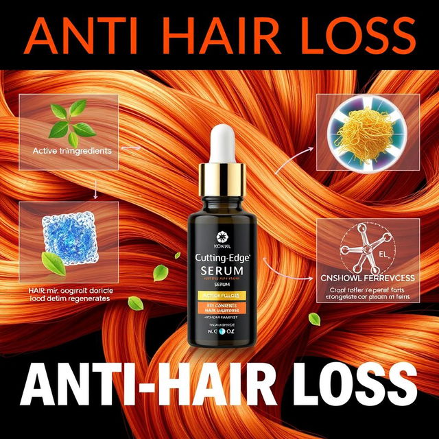 A dynamic and visually striking advertisement for an anti-hair loss product, featuring a cutting-edge serum bottle prominently displayed in the center