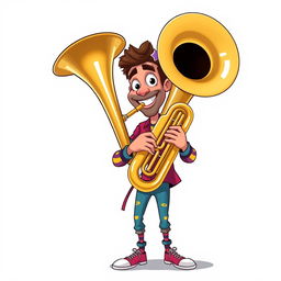 A full-length illustration of a man playing a tuba, inspired by the playful and colorful style of the game Incredibox